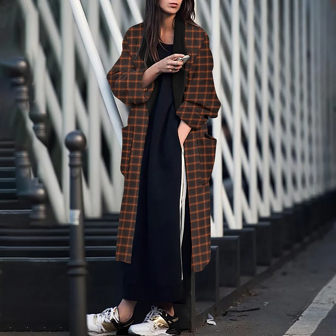 Fashion Plaid Casual Long Woolen Coat