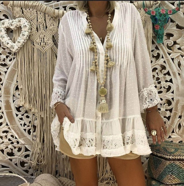 5XL Plus Size White Lace Blouse 2021 Women Summer V Neck Long Sleeve Chiffon Blouse Shirt Big Sizes Loose Ladies Tunic Tops Lanfubeisi