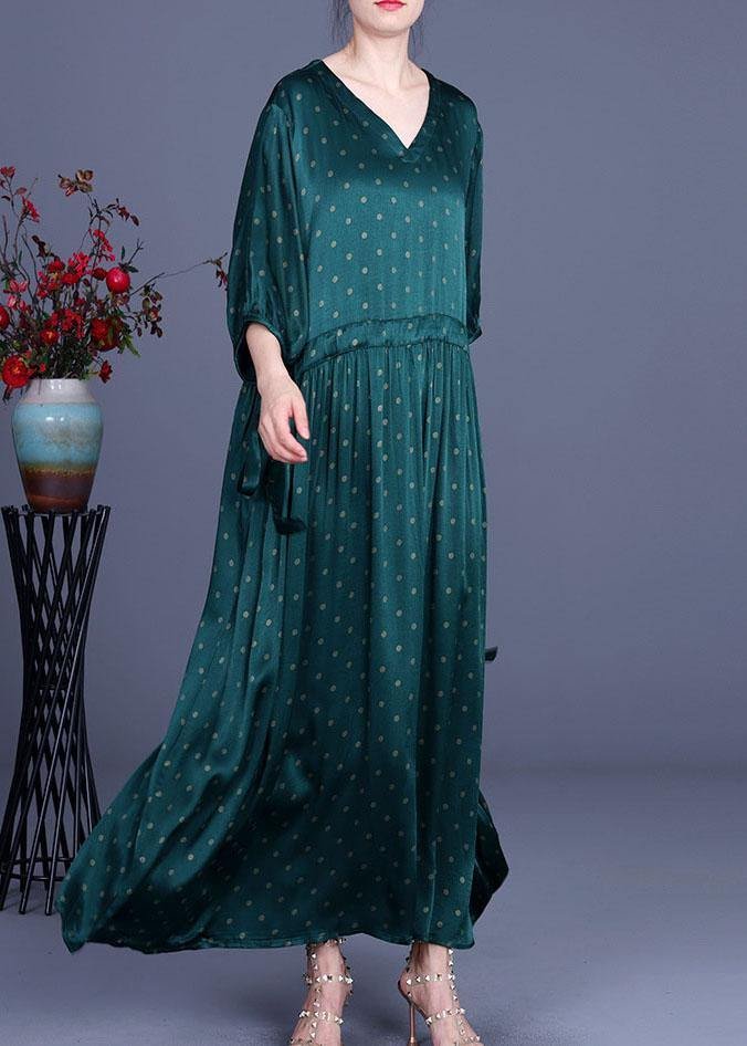 Loose Green Print Tie Waist Summer O-Neck Long Dress