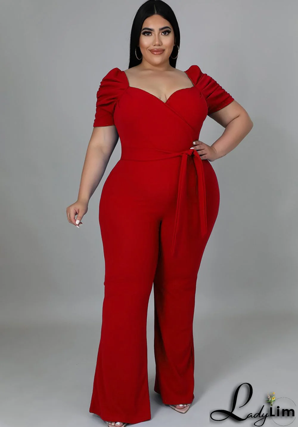 Women Summer Red Formal Sweetheart Neck Short Sleeves Solid Belted Full Length Regular Plus Size Jumpsuit