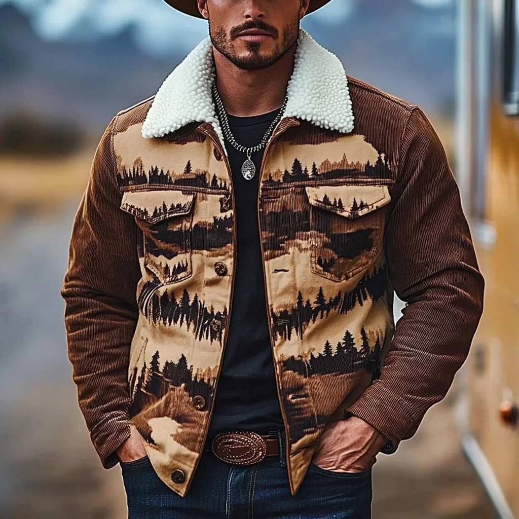 Men's Vintage Western Cowboy Printed Sherpa Jacket-inspireuse