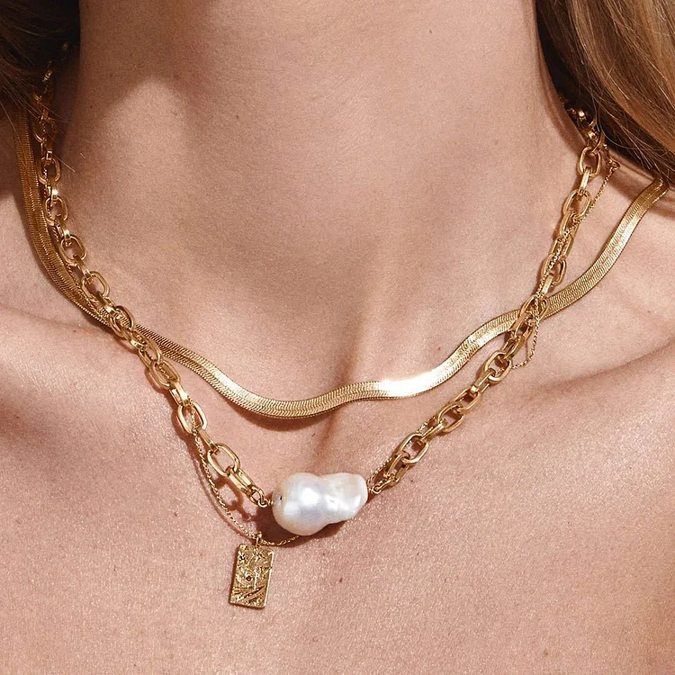 Gold plated vintage snake bone chain necklace | Baroque pearl stacked double layer necklace