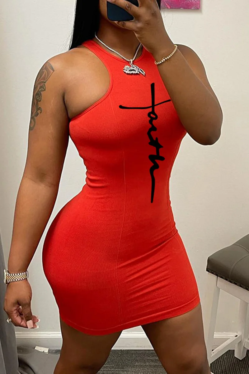 Red Sexy Casual Print Basic O Neck Sleeveless Dress Dresses | EGEMISS