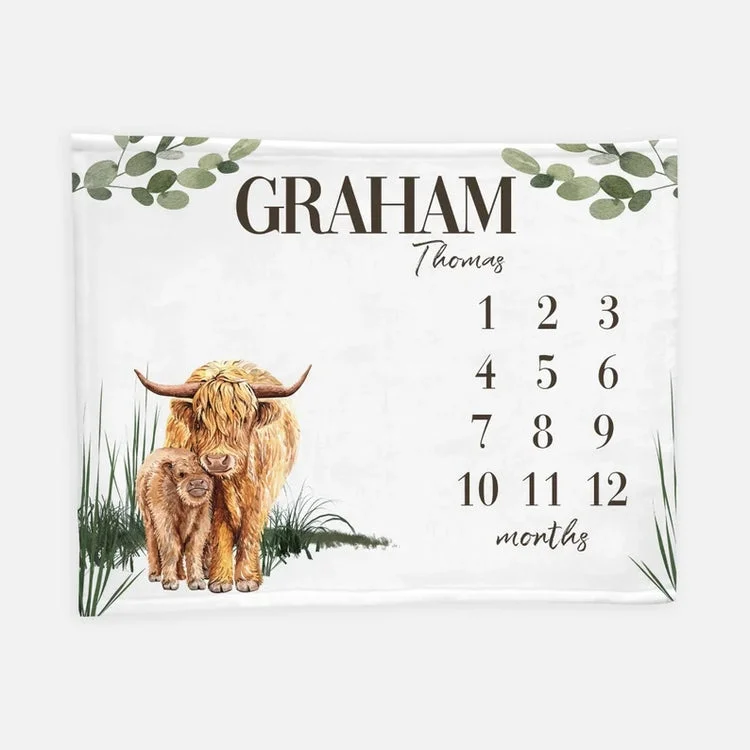 Personalized Boho Highland Cow Baby Milestone Blanket For Comfort & Unique | BKMS91