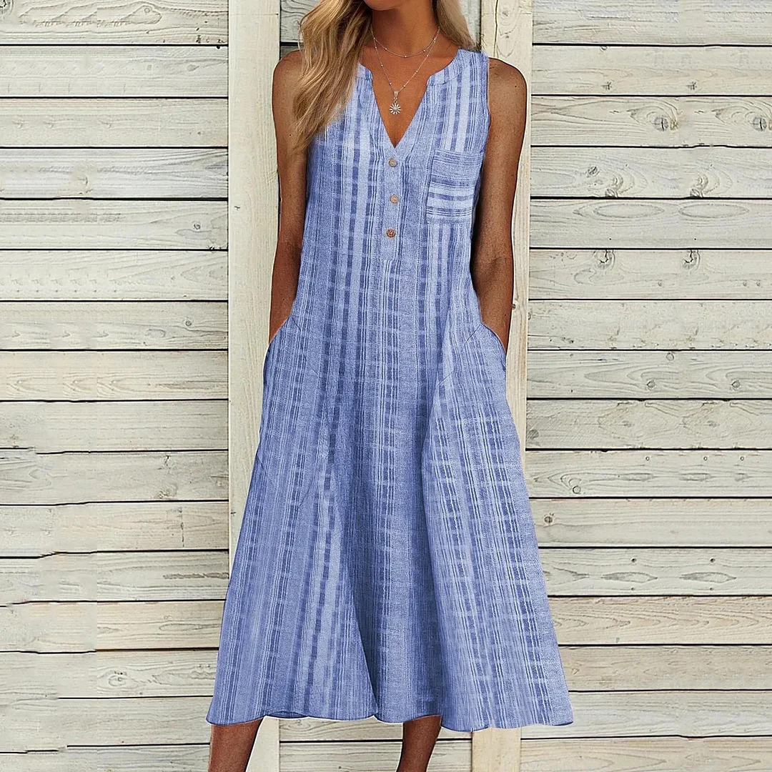 Summer Dress Women V Neck Sleeveless Pocket Button Loose Maxi Dresses Vintage Print Party Dress 2023 A-line Beach Dress