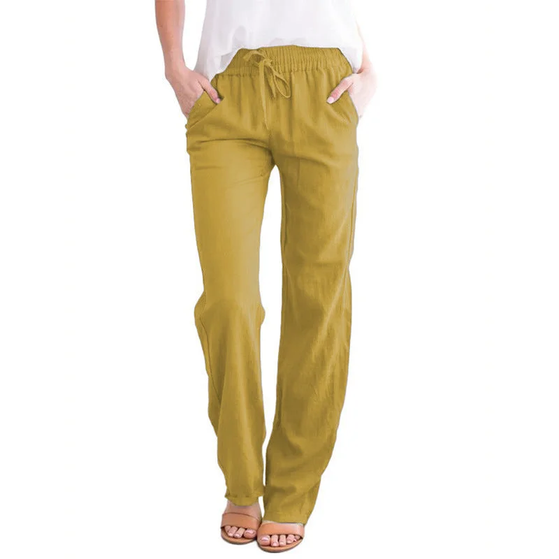 Brownm Temperament Commute Solid Color Cotton Linen Drawstring Loose Casual Wide-leg Trousers