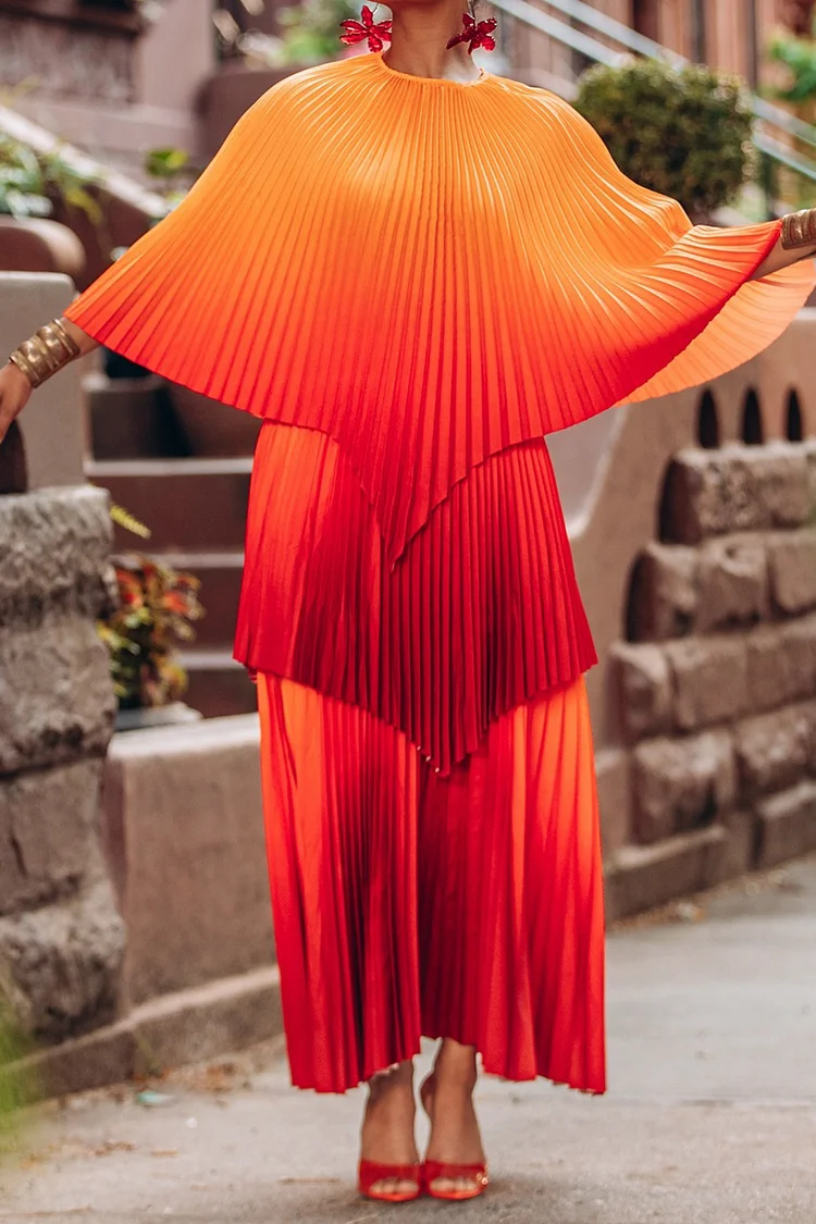 Plus Size Business Casual Multicolor Gradient Round Neck Batwing Sleeve Long Sleeve Pleated Two Piece Skirt Sets [Pre-Order] 2024 - Xpluswear