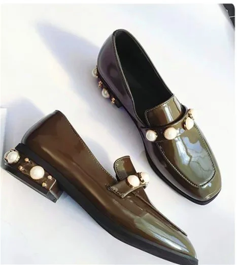Pearl Embellished Square Toe Dark Green Loafers Vdcoo
