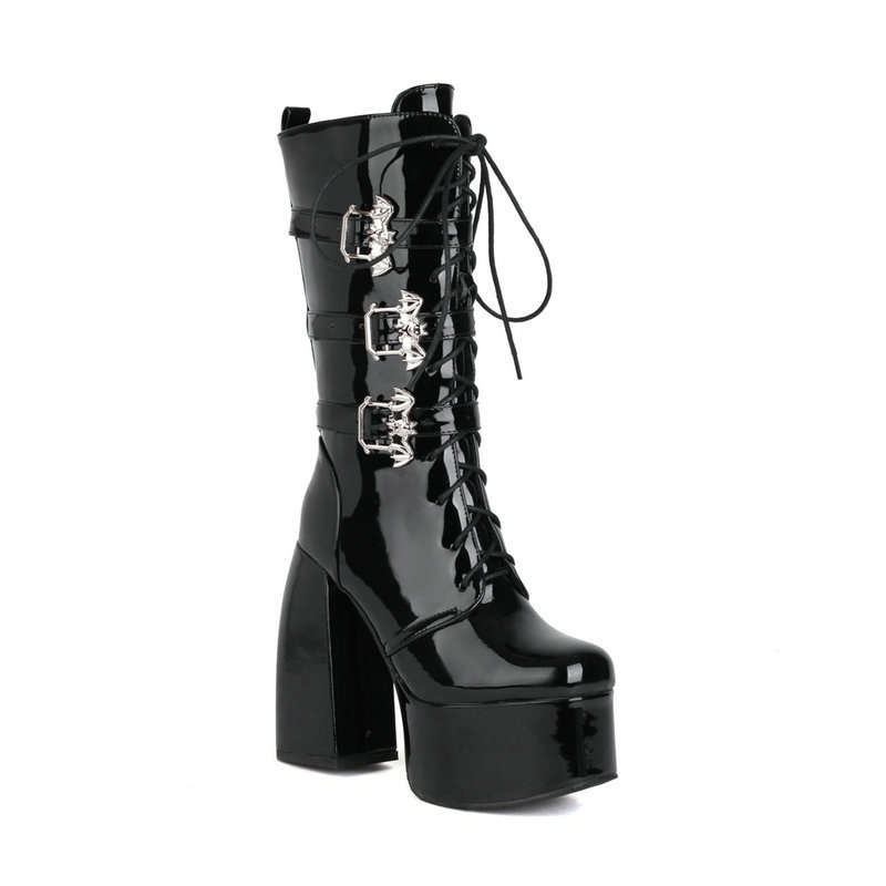 Punk Bat Buckle Straps Lace Up Round Toe High Chunky Heel Platform Boots