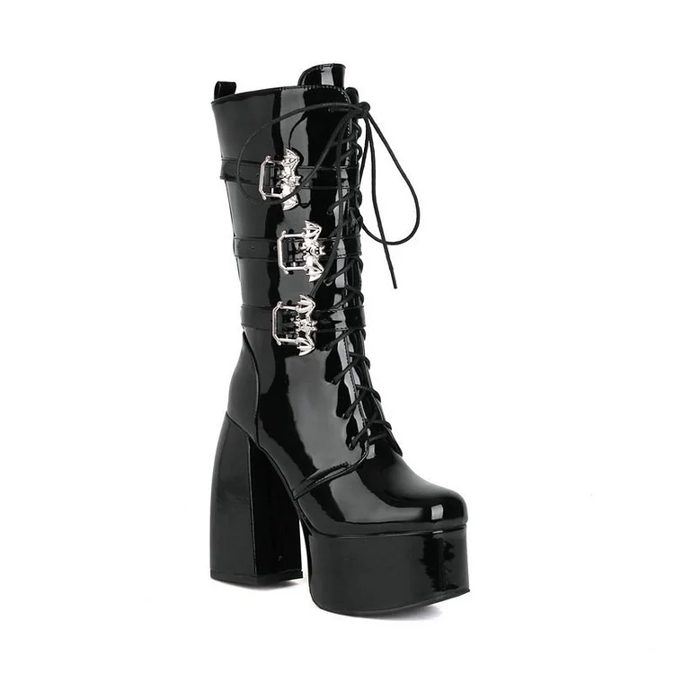 Punk Bat Buckle Straps Lace Up Round Toe High Chunky Heel Platform Boots