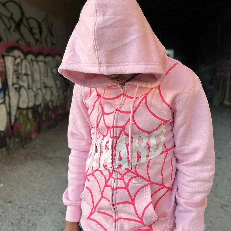 Spider Web Print Street Full Zip Up Hoodie Pullover Hooded Sweatshirt