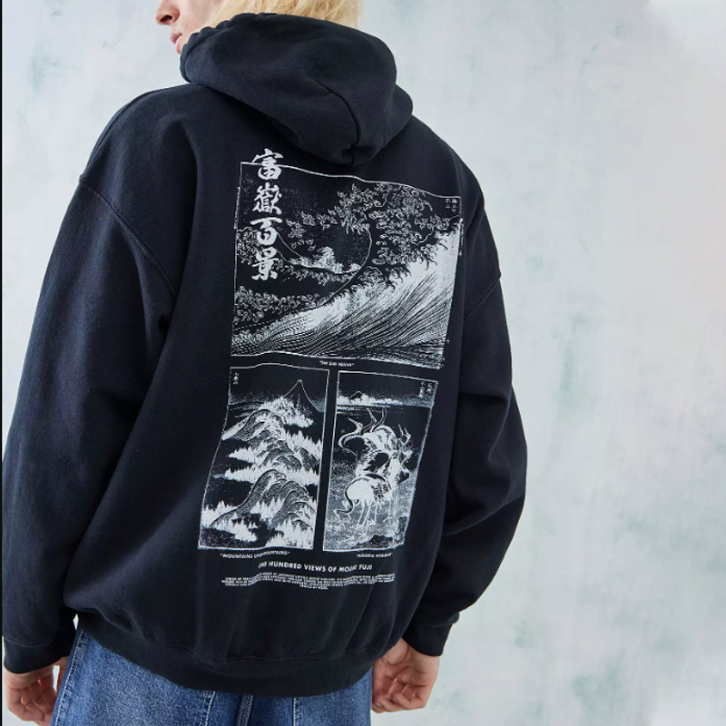 Black Hokusai Poster Hoodie、、URBENIE