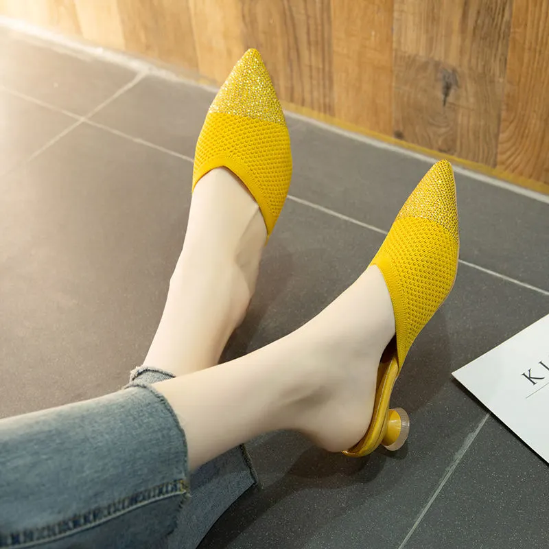 2020 Spring New Net Celebrity Rhinestone Pointed Toe Women Sandals Wear Baotou Half Slippers All-match Cat and Mule Shoes Women