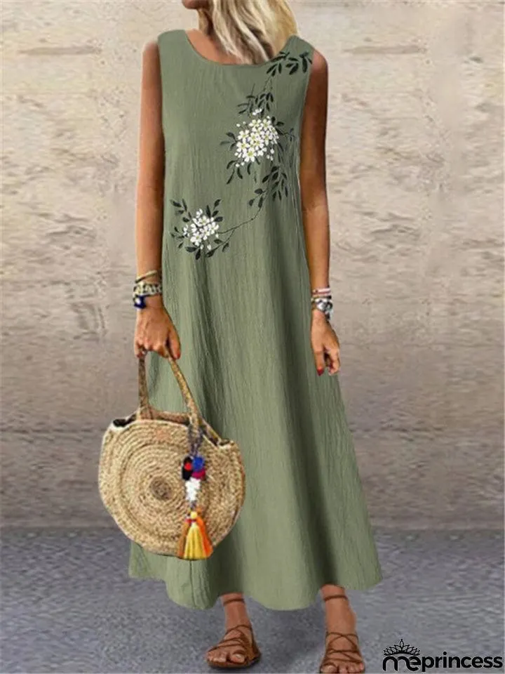 Relaxed Fit Scoop Neck Sleeveless Floral Print Cotton Linen Ankle-Length Dress
