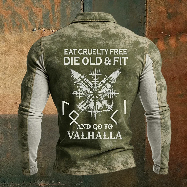 Men's Retro Viking Soul Print Casual Zip-up Long-sleeve T-shirt
