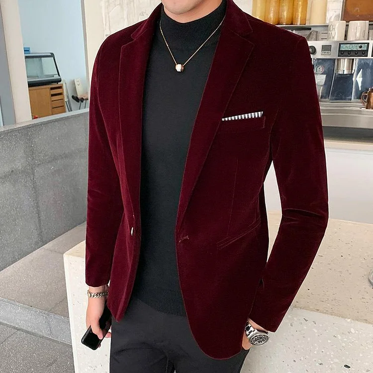 Men's Casual Velvet Lapel Collar One Button Long Sleeve Blazer