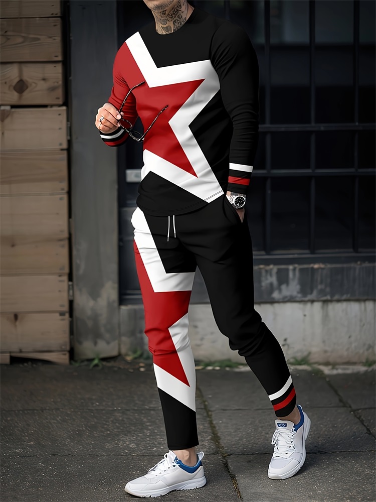 Geswet 2025 New Spring And Autumn Men's Long Sleeve T-shirt And Long Pants Set Daily Street Men's Fashion Long Sleeve T-shirt