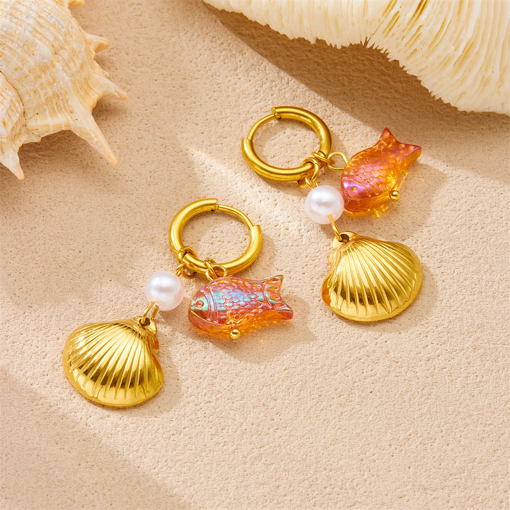 Korean Fashion Simple Design Gold-Plated Scallop Fantasy Goldfish Pendant Round Stainless Steel Earrings