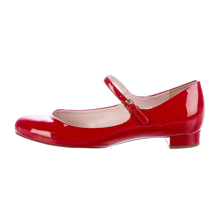 FSJ Red Patent Leather Low Block Heel Mary Jane ShoesFSJshoes