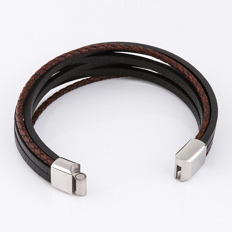 Retro Minimalist Solid Color Pu Leather Alloy Magnetic Buckle Layered Plating Men’s Bracelets Men Cord & Leather Bracelets