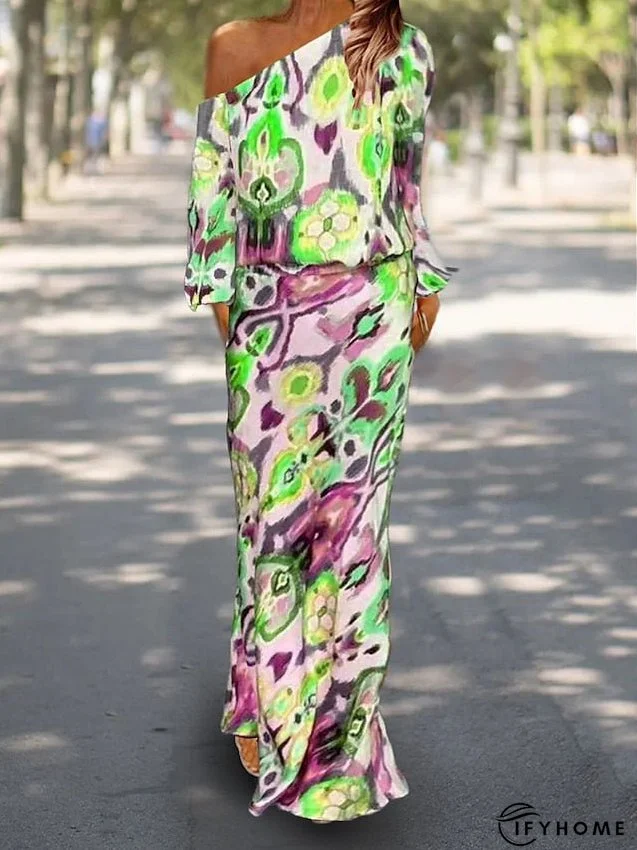 Two Piece Dress Set Casual Dress Sheath Dress Outdoor Daily Fashion Streetwear Print Maxi Dress One Shoulder Long Sleeve Graphic Abstract Loose Fit Red Royal Blue Sky Blue Summer Spring S M L for Women | IFYHOME