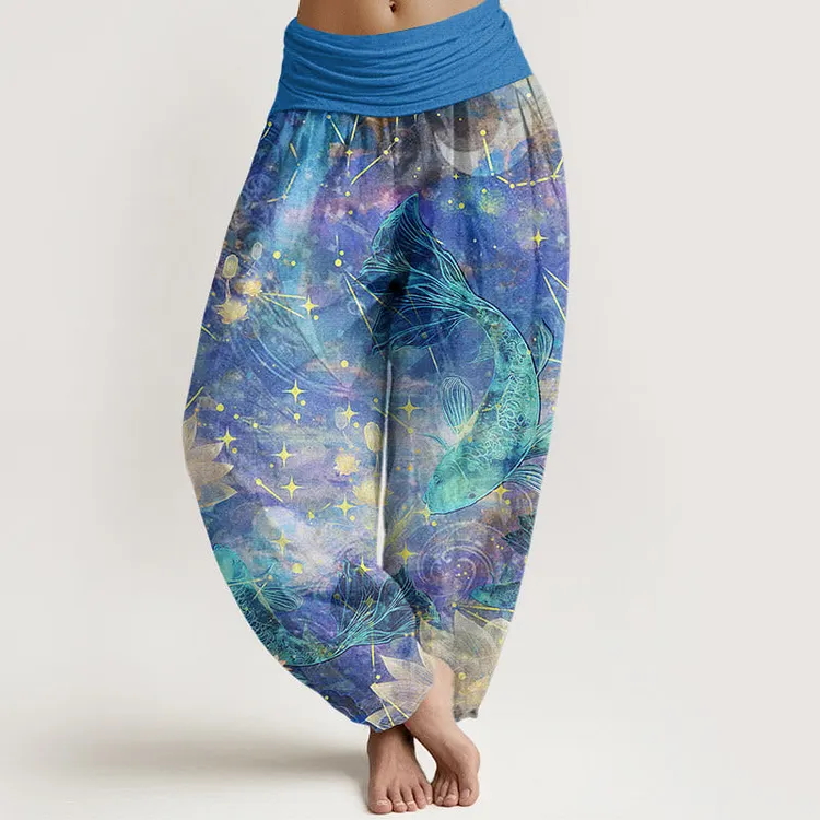 Cotton Koi Fish Lotus Moon Stars Pattern Women's Elastic Waist Harem Pants