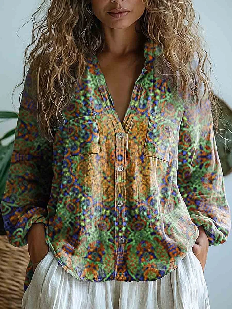 Women's Retro Ethnic Pattern Art Print Casual Long Sleeve Comfortable Cotton Shirt