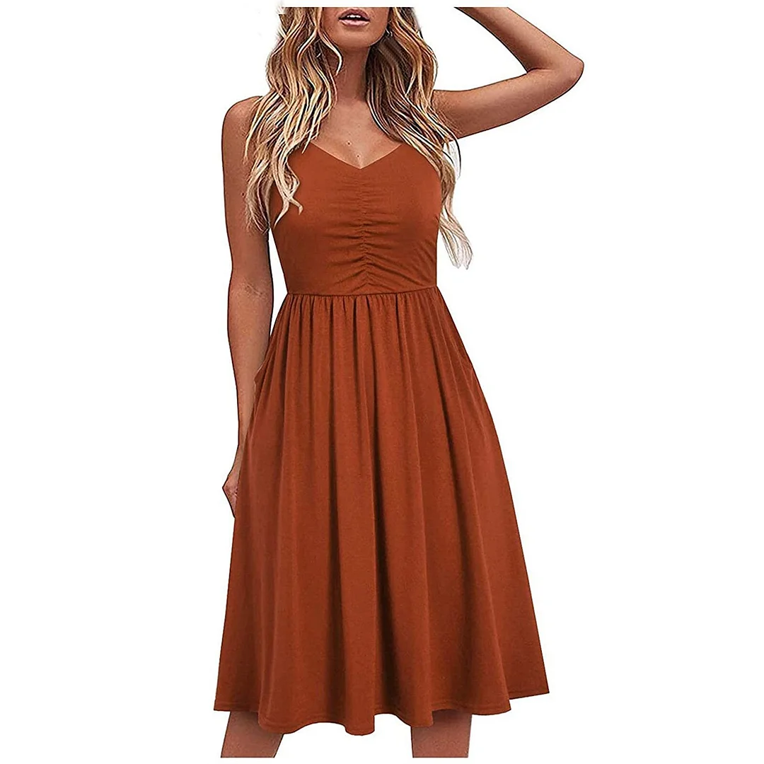 Casual Dress Women 2023 New  Button V Neck Sleeveless Loose A-line Dress Woman Summer Casual Midi Sling Dresses Vestidos