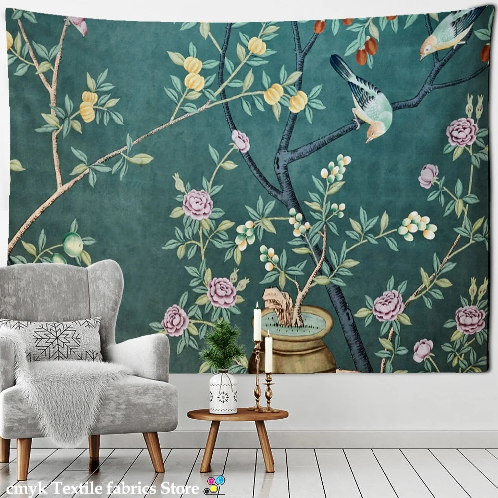 Ink Flower And Bird Painting Tapestry Wall Hanging Bohemian Style Psychedelic Living Room Background Cloth Home Decor