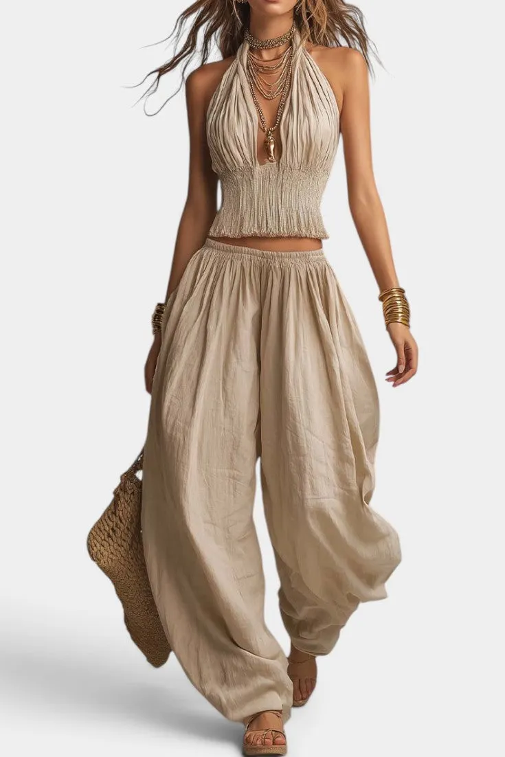 Halter Crop Top with Draped Harem Pants Set