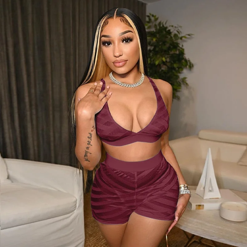 Hugcitar Mesh Stripe Patchwork Cute Crop Top  Mini Shorts 2 Pcs Matching Set 2022 Summer Sexy Bodycon Club Holiday Wear Y2K