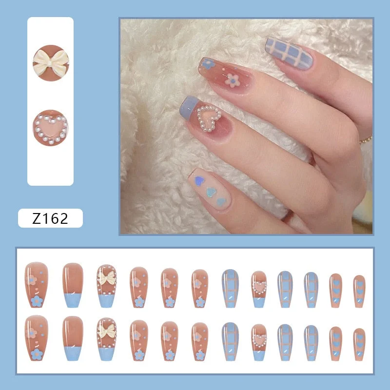 24pcs False Nails With Designs Full Cover Long Head Cute Blue Flower Fake Nail Wearable Finished Nail Piece With Glue Ty