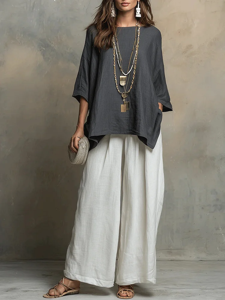 Gray And White Oversized Top And Wide-leg Pants Set