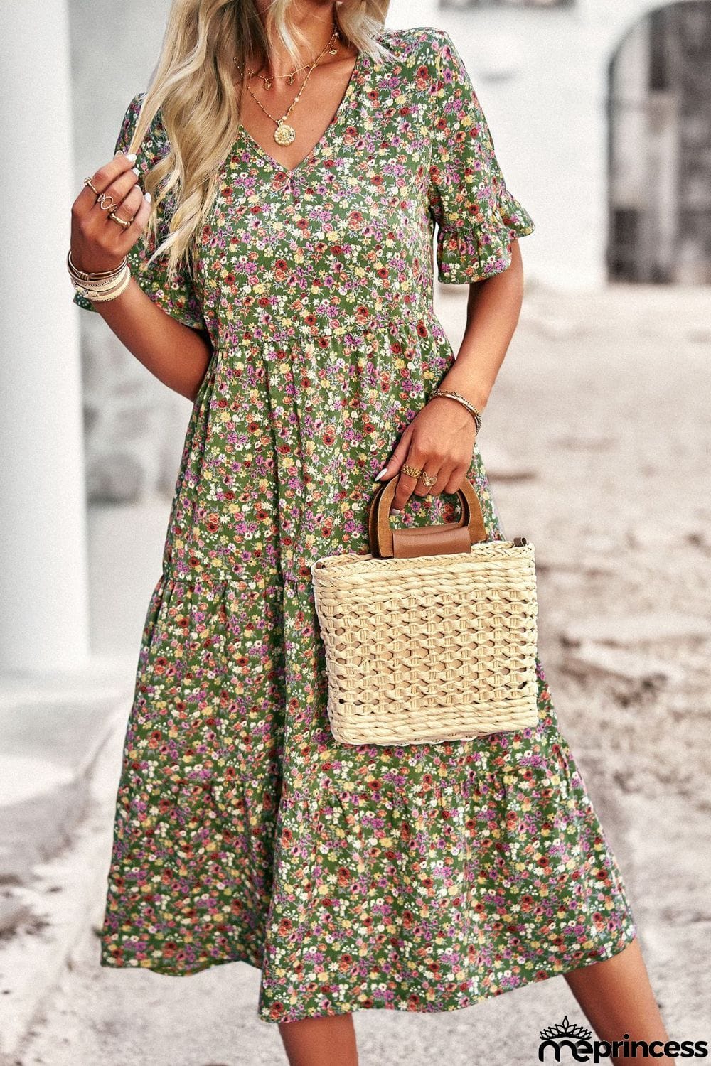 Floral V-Neck Flounce Sleeve Midi Dress