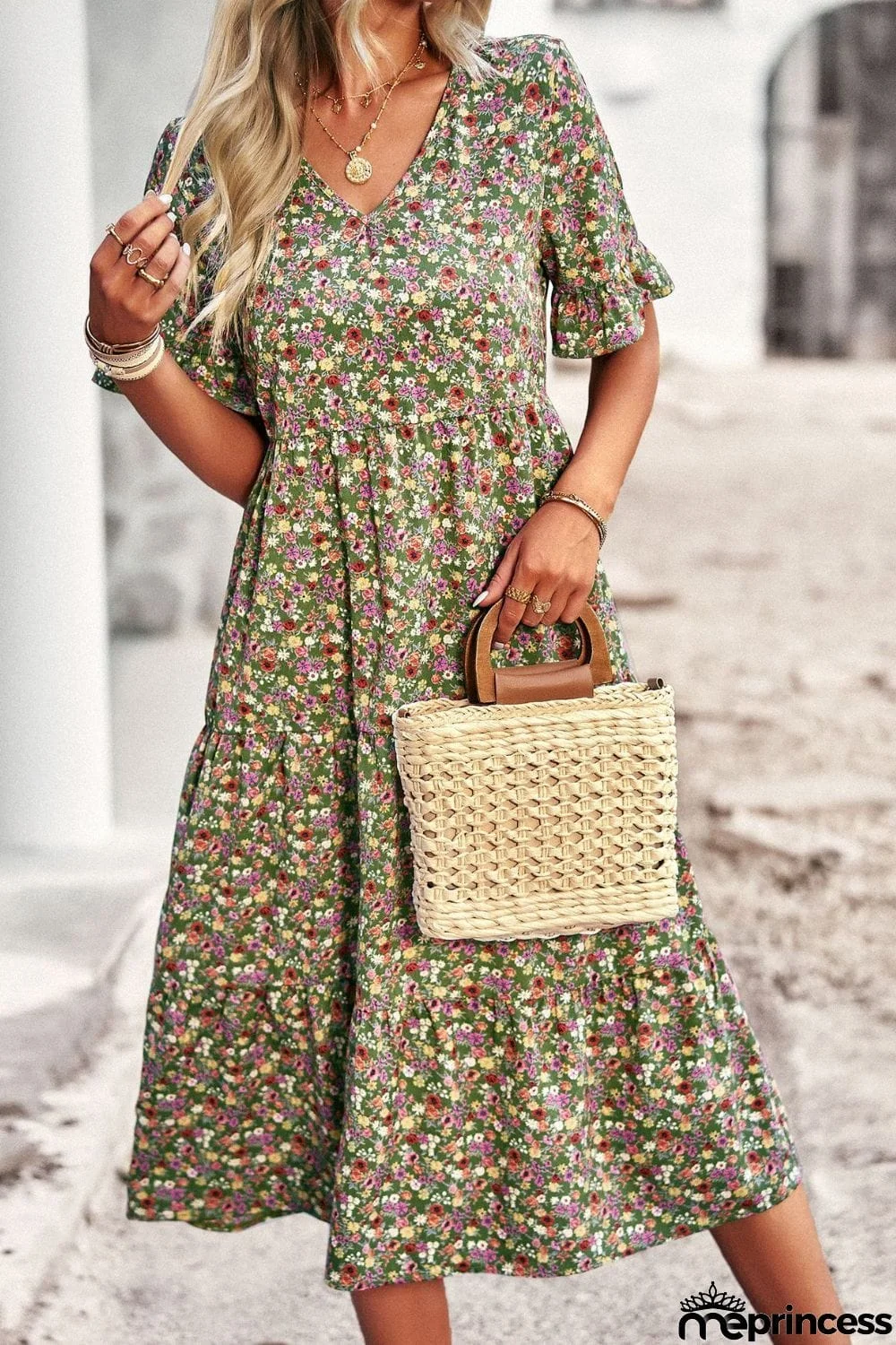 Floral V-Neck Flounce Sleeve Midi Dress