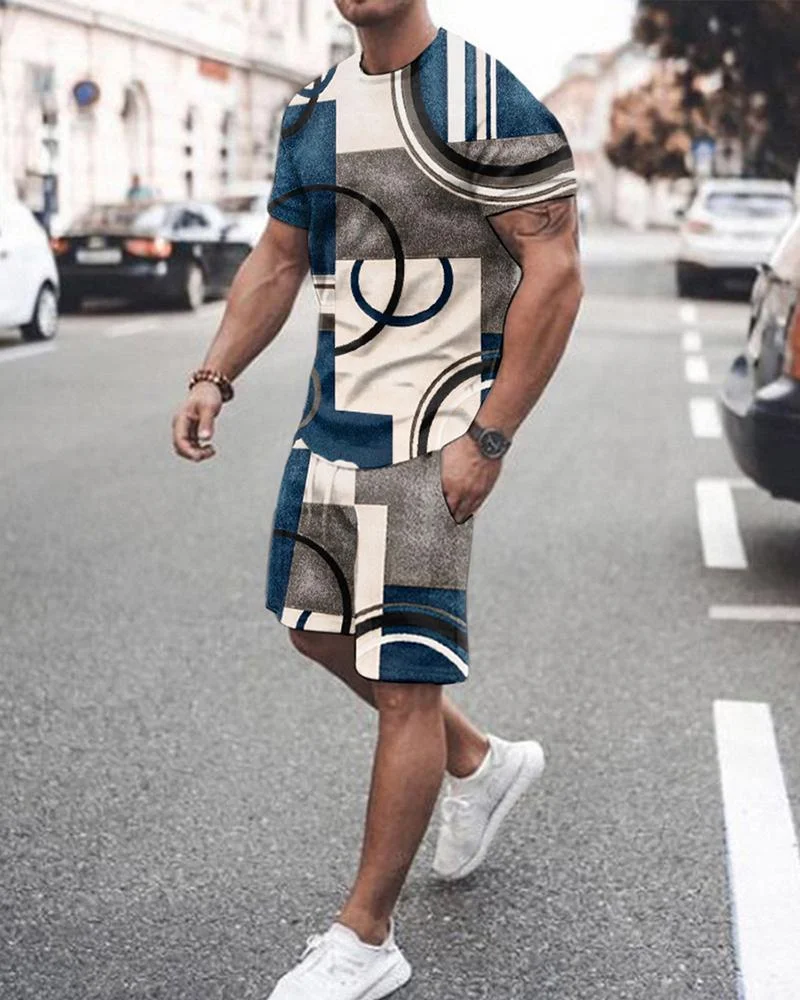 Men's Fashion Blue Abstract Printed Shorts Suit