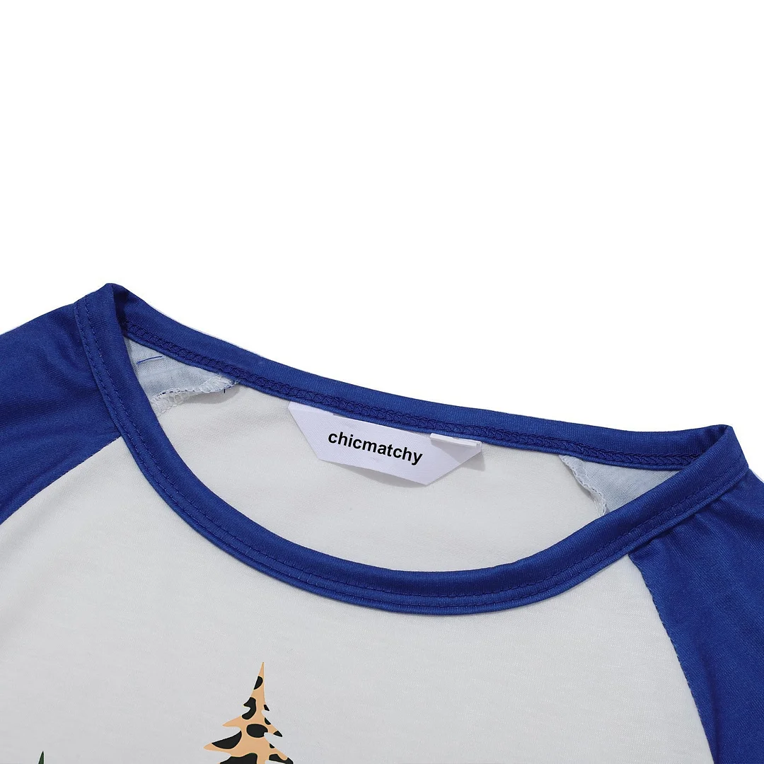 Family Christmas Shirts Buffalo Plaid Christmas Tree Patterned Casual Long Sleeve Sweatshirts Contrast Blue & White Top and Black and Blue Plaid Pants Family Matching Pajamas Sets