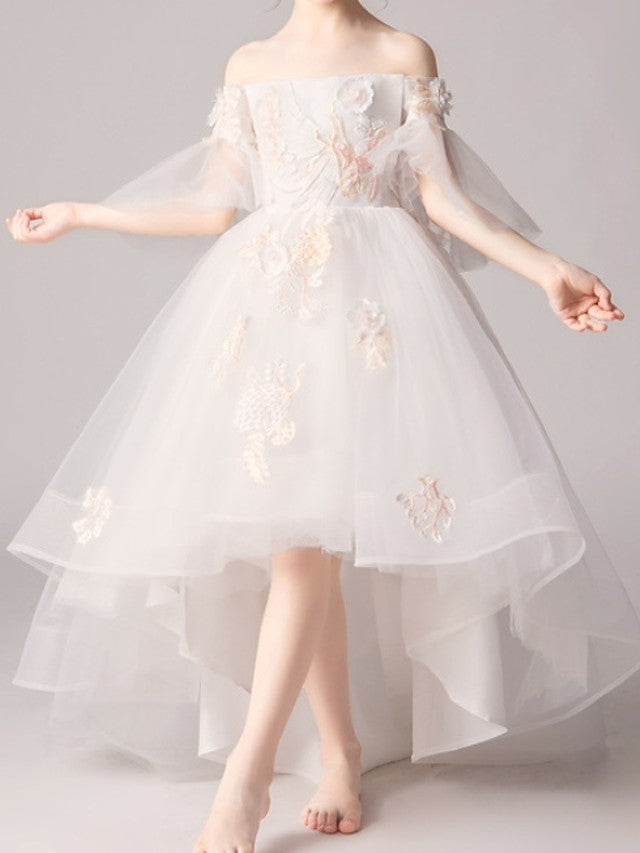 Oknass Half Sleeve Off Shoulder A-Line Asymmetrical Flower Girl Dress With Appliques