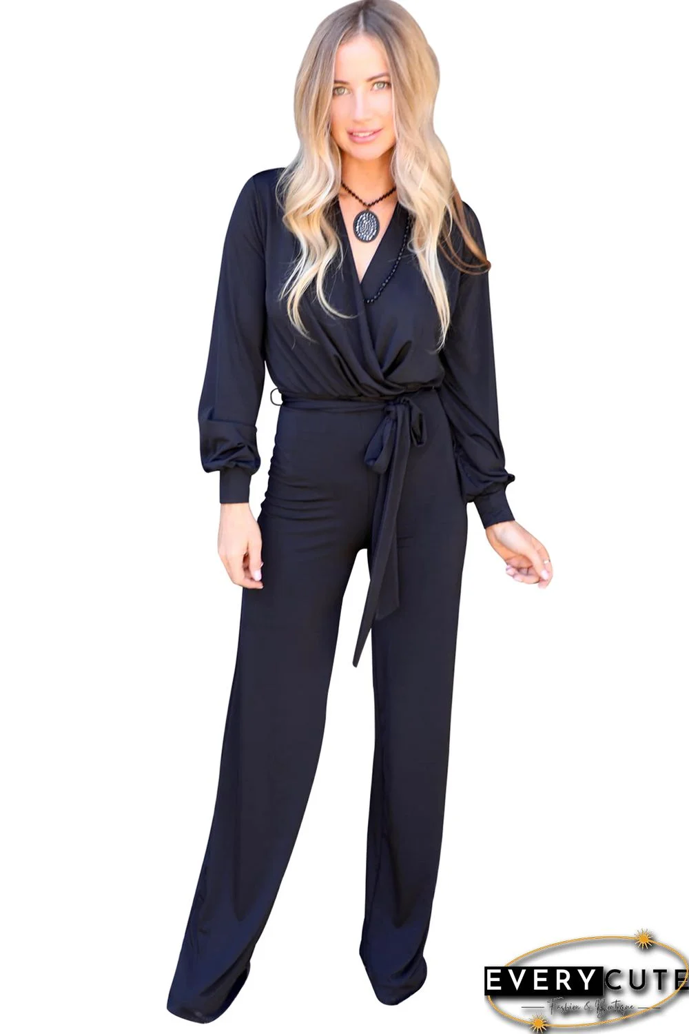 Black V Neck Wrap Waist Tie Long Sleeve Jumpsuit