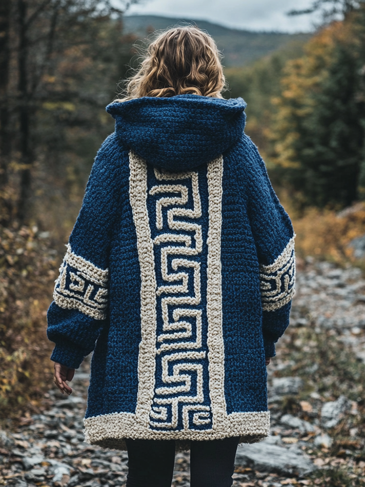 Women's Greek Art Inspired Jacquard Knit Cozy Hooded Cardigan