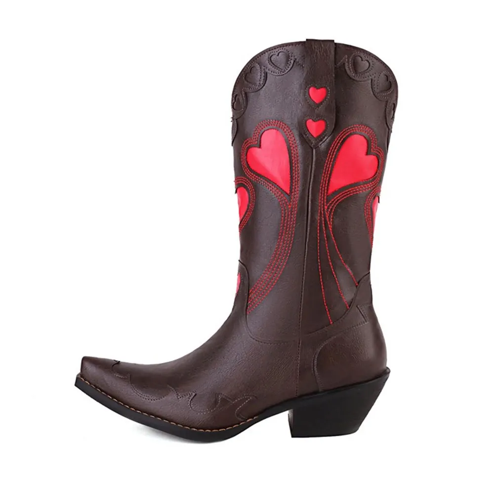 Chocolate Brown Heart Inlay Block Heel Mid Calf Western Boots