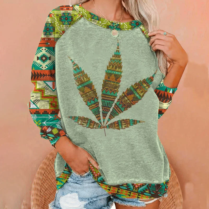Casual Totem Leaf Print Long Sleeve Sweatshirt
