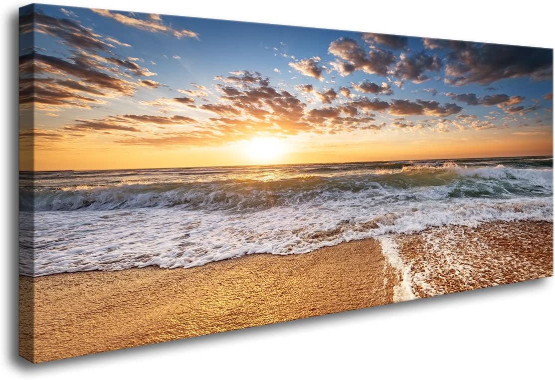 Jiuqinghua Wall Art Decor Large Canvas Print Picture Sunrise over the Sea 1 Panel Ocean Beach Waves Scenery Painting Artwork for Office Wall Decor Home Decoration Stretched and Framed Ready to Hang 20x40inch