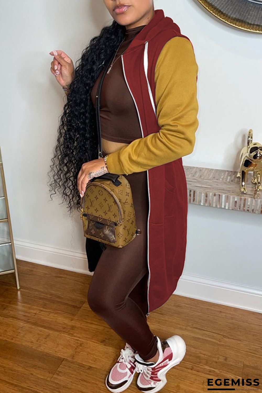 Dark Red Casual Solid Patchwork Zipper Hooded Collar Outerwear | EGEMISS