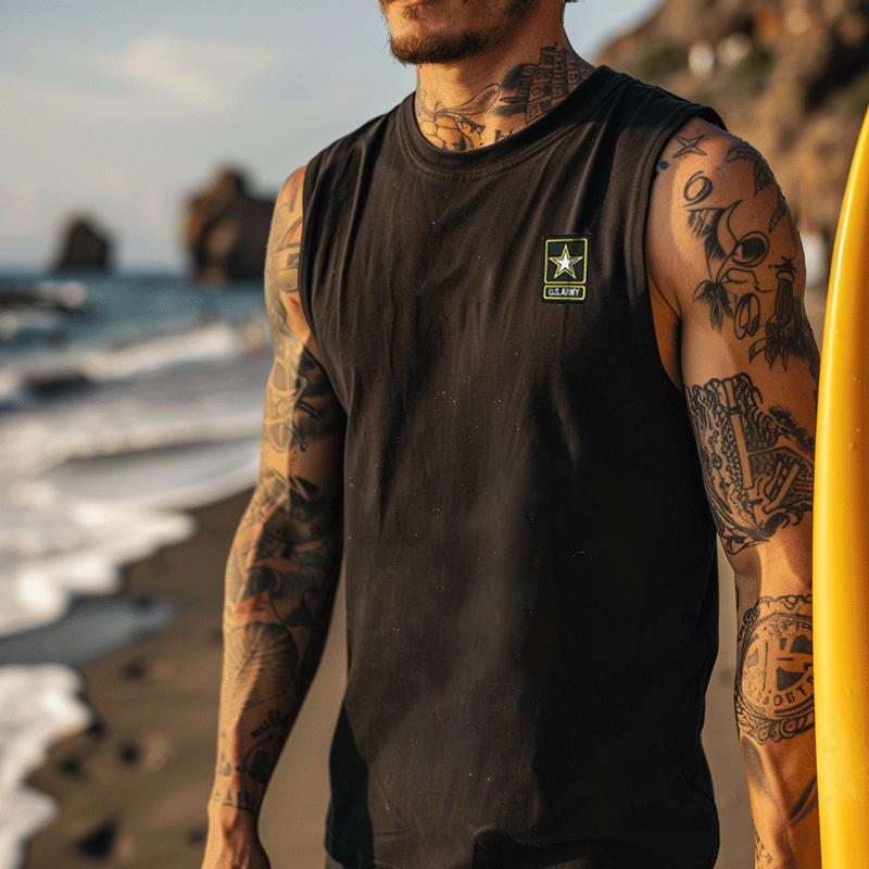 Men's Sleeveless Muscle Shirts Vest With Military-Inspired Patch For Casual And Outdoor Activities