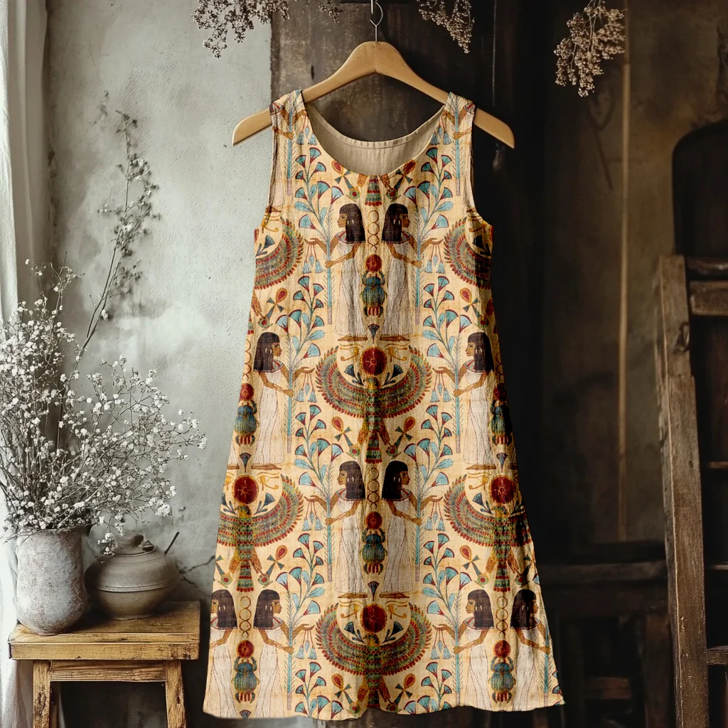 Ancient Egyptian Pattern Vintage Linen Midi Dress