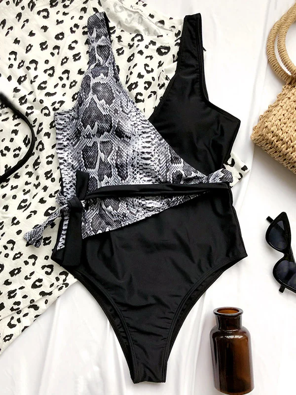 Asymmetric Leopard Print Split-Joint Bandage One-Piece Swimwear 