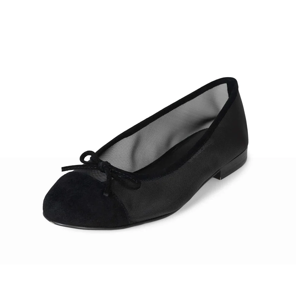 Black Faux Suede Mesh Round Toe Bow Inlay Ballet Flats Nicepairs