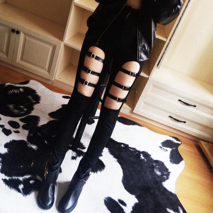 Buckle Hollow Out Skinny Pants
