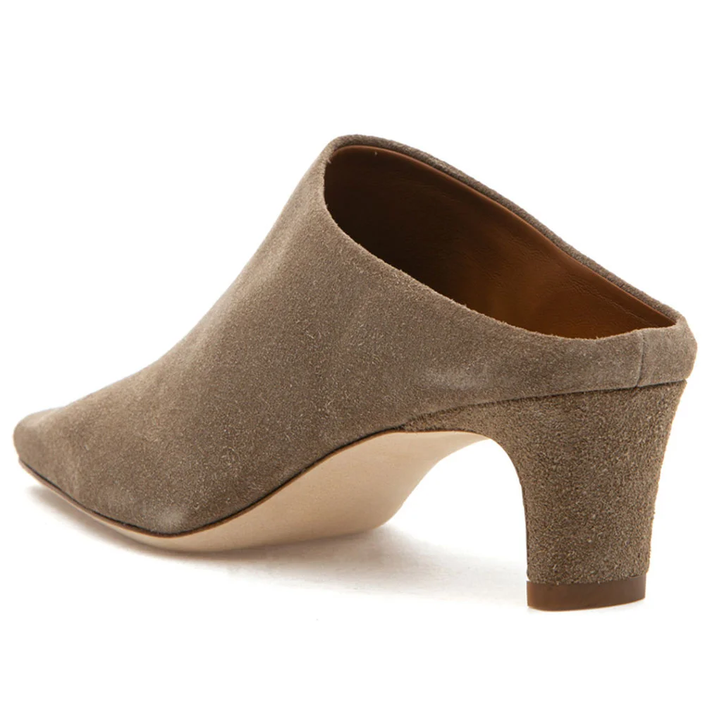 Taupe Square Toe Vegan Suede Slip-On Chunky Heel Mules Shoes